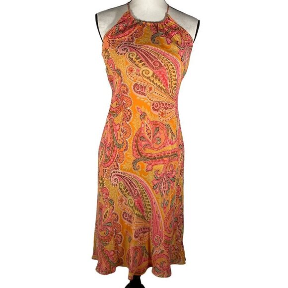 Ann Taylor Vintage Paisley silk chiffon Halter Midi Dress Orange Pink women’s 4 - Picture 1 of 12